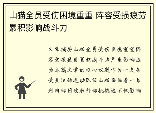 山猫全员受伤困境重重 阵容受损疲劳累积影响战斗力